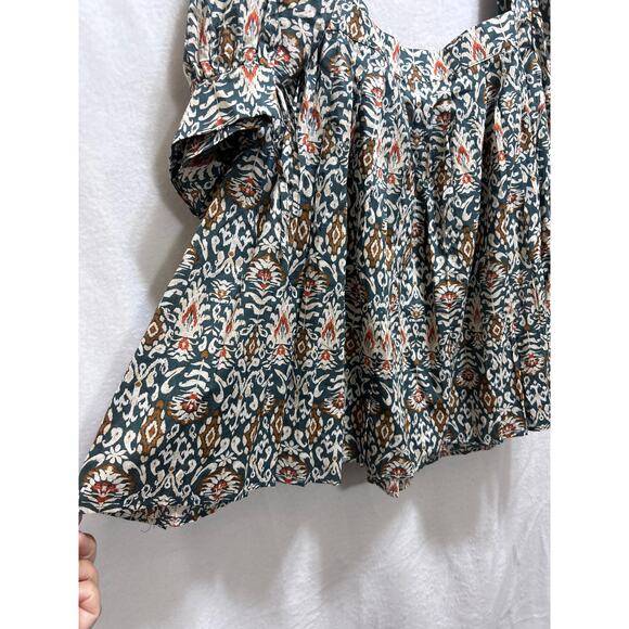 DR2 Bohemian Blouse XL Puff Sleeve Square Neck Green Lightweight Indie Cottage - Picture 4 of 8